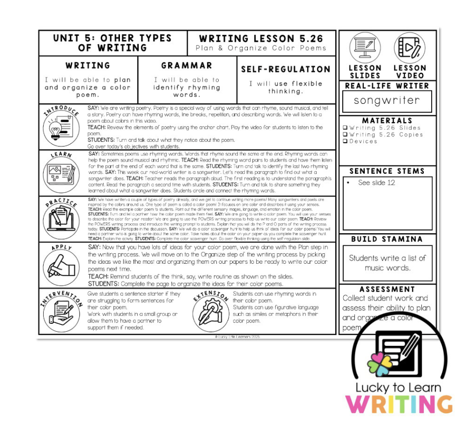 A 'Writing Lesson Plan' for organizing and planning color poems for 2nd grade students. The plan includes strategies for identifying rhyming words and using flexible thinking to create color poems.